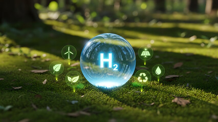 Spherical blue glowing orb containing h2 hydrogen symbol floating over lush green moss in a forest surrounded by renewable energy icons representing future clean power sources and sustainability