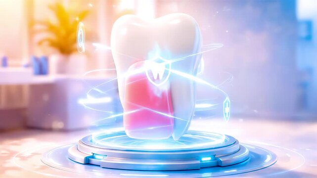 Clean Human Tooth with Healthy Gums on Metallic Pedestal in Modern Clinic Lighting Showing Advanced Oral Care and Precision Technology