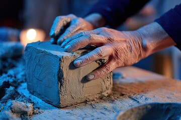 Hands shape clay into a block during a pottery session at a workshop in the evening