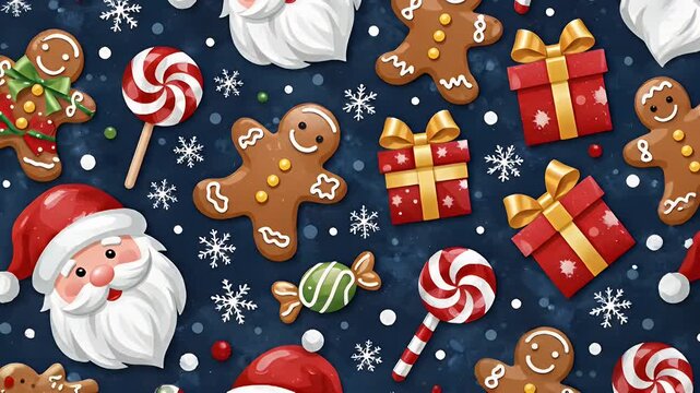 Festive Christmas Pattern with Santa Claus, Gingerbread Men, Gifts and Candy Background