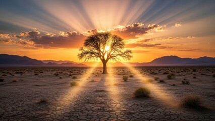 Dramatic Desert Sunset with Solitary Tree and Radiant Sunbeams.