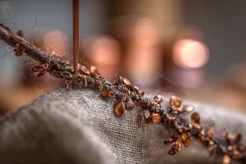 Crafting detailed embroidery with needle and thread on fabric in a creative workshop setting