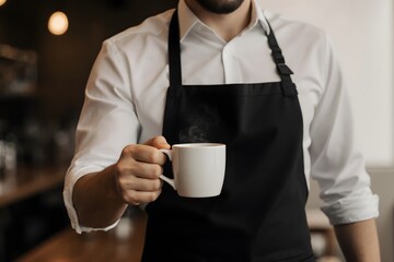 A man in an apron holding a cup of coffee