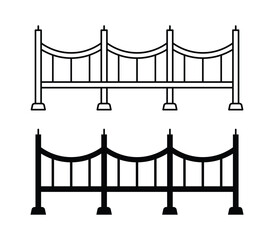 Suspension Bridge Silhouette or outline vector icon for city infrastructure and transportation representing Icon on White Background.
