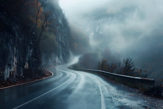 Winding mountain road surrounded by dense fog and dramatic cliffs - Powered by Adobe
