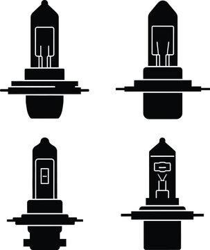 Halogen car headlight bulb set icon silhouettes including h1 h4 h7 and h11 types for automotive repair and maintenance.