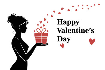 "Vector Image of a Woman Holding a Gift Box with Hearts and Valentine's Day Message"