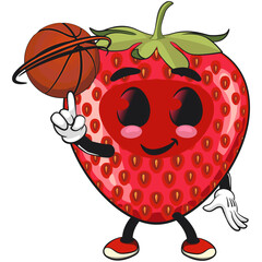 cute strawberry cartoon mascot character spin the basketball with the index finger smiling vector illustration, work of hand drawn