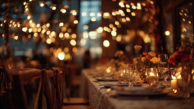 Elegant restaurant table setting with wine glasses and candles at night, warm bokeh lights and shallow depth of field
