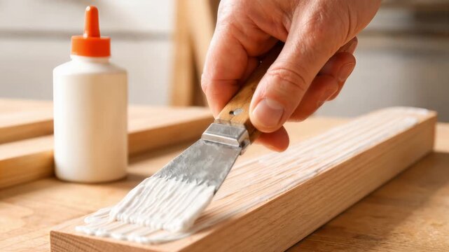 Caucasian adult man hand applying wood glue with metal tool on pine board in carpentry workshop, closeup view of diy woodworking repair and home improvement project
