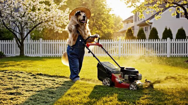 Funny golden retriever dog in a straw hat mowing the green lawn in a sunny backyard. Concept of diligent work and spring
