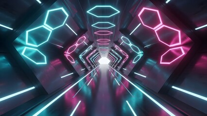 Neon Tunnel Flight: Cyberpunk Hexagon Lights, Futuristic Racing, Vibrant Glow, 3D Render