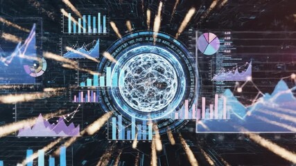 AI neural network core glowing data visualization exploding light streaks with bar chart line graph pie chart dashboard futuristic analytics big data machine learning and abstract 3D wireframe hills - Powered by Adobe