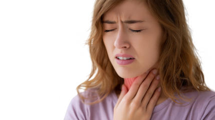 Woman experiencing sore throat pain isolated on transparent background