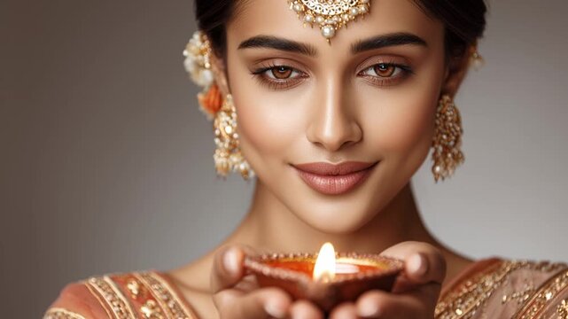 Indian woman holding a lit diya during Hindu religious rituals and festivals such as Diwali Makar Sankranti Pongal and Magh Bihu expressing spiritual devotion