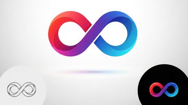 A colorful infinity symbol with gradient colors and logo variations