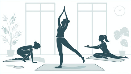 Three Women Practicing Diverse Yoga Poses Indoors for Wellness Websites and Health App Promotion