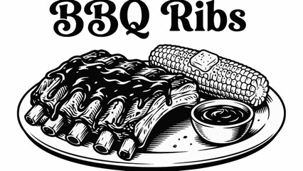 Black and white vector illustration of American barbecue ribs served with corn and sauce, highlighting classic backyard grilling culture © Ethan