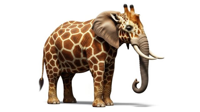 Hybrid creature combining an elephant and a giraffe, standing on a white background.