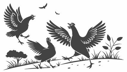 Obraz premium Three Dynamic Chickens Running Outdoors Farm Poultry Flock Excitement For Agriculture And Rural Life Design