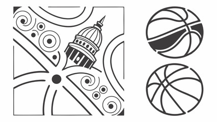 Architectural Cityscape Dome Pattern with Basketball Graphics for Sports Event Promotion Design Projects