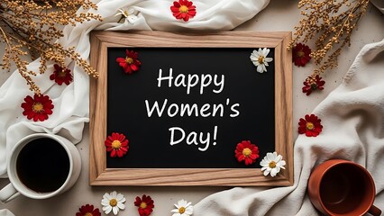 Happy womens day message on a chalkboard surrounded by flowers and celebratory decorations