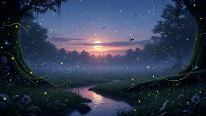 Peaceful forest landscape with fireflies.