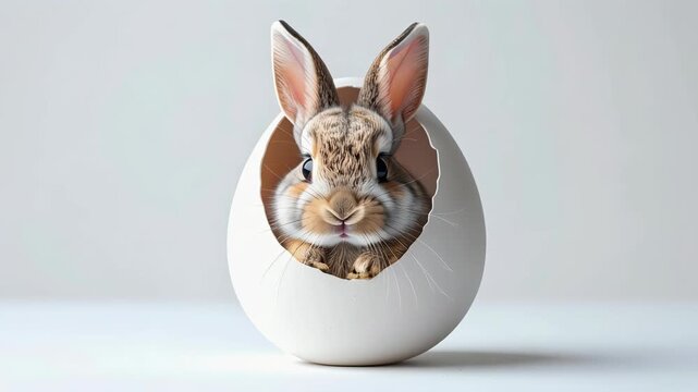 baby rabbit peeking out from a cracked white easter egg and looking at the camera with a gentle curious expression with large copy space for text