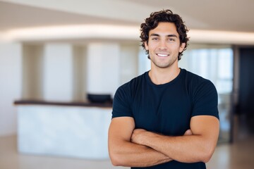 Confident young man smiling in modern office lobby, embodying success and professionalism. Perfect for business and lifestyle themes.