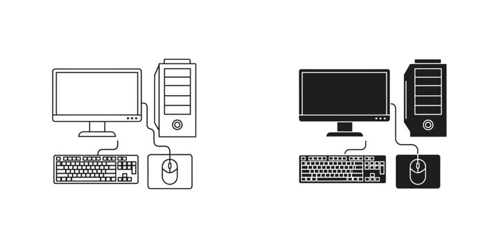 Two computer setups with monitor keyboard and mouse in black and white