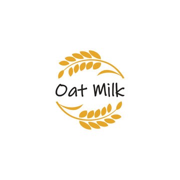 Oat milk logo. Cartoon-style oat sprigs with lettering. Hand-drawn vector concept. Illustration for print, poster, and packaging. Isolated image.