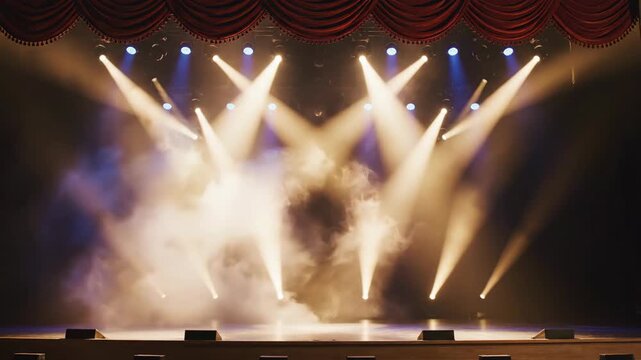 Red theater curtains opening to reveal a stage with spotlights and smoke. Dramatic performance background for a show or awards ceremony