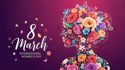 International womens day floral portrait with number eight and decorative text