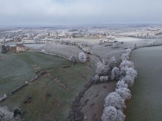 Frozen winter landscape countryside in aveyron
