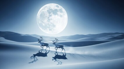 Reindeer in a snowy landscape under a full moon, a magical winter night scene.