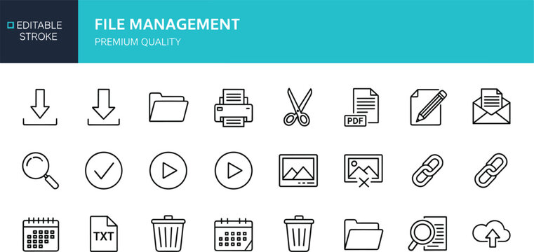 File management line icons set with editable stroke featuring folder document print and cloud storage symbols for web interface design