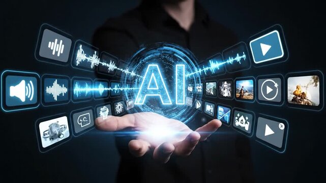 A multimodal generative AI is visualized with text, image, and sound icons flowing from a central AI core