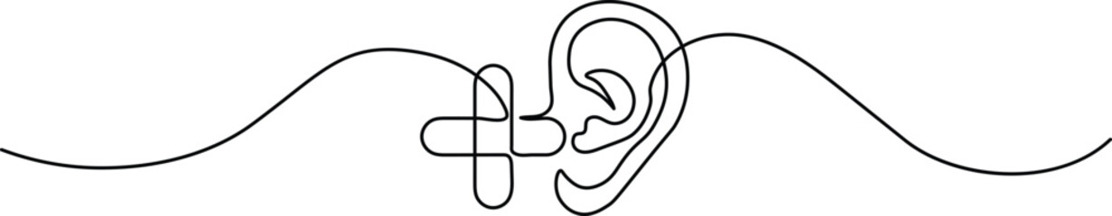 Continuous one-line drawing of a medical ear icon with a cross. Minimalist symbol for audiology and ear health. Simple black line art on white.