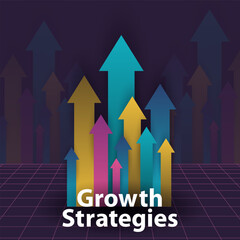 Growth strategies concept with rising colorful arrows. Business growth strategies vector arrows upward motion on dark grid background. Success visualization shows effective business development.