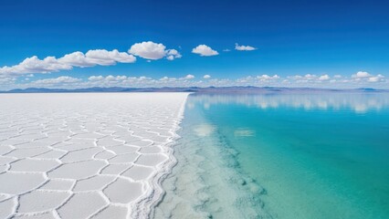 Salar de Uyuni Salt Flat and Reflective Water Landscape in Bolivia.