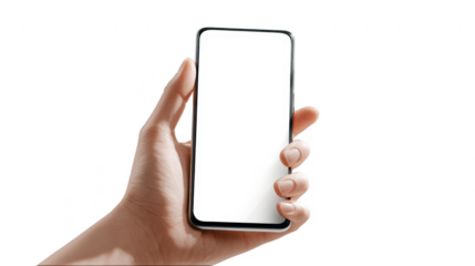 Hand holding smartphone with blank screen isolated on transparent background