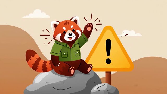 Animated Red Panda Character Sitting Next To A Warning Sign On A Cartoon Background
