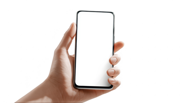 Hand holding smartphone with blank screen isolated on transparent background - Powered by Adobe