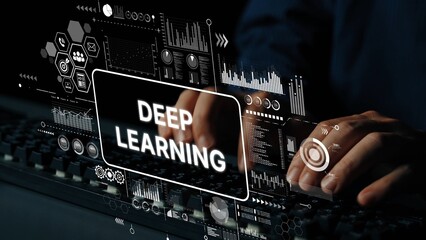 Hands Typing on Keyboard with Deep Learning Concepts and Data Visualization Elements in Background. Asymptotic smart data analytic.