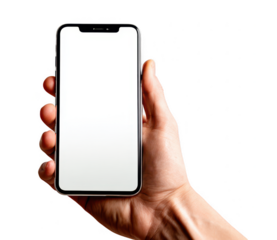 Hand holding smartphone with blank white screen isolated on transparent background