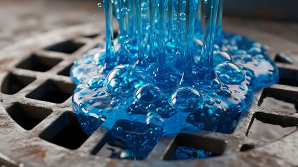 A close-up view of vibrant blue liquid pouring into a metal grate