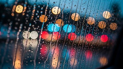 Rainy night city lights through window.