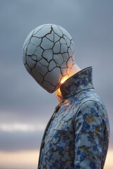 a humanoid figure in a cracked porcelain garment