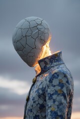 a humanoid figure in a cracked porcelain garment