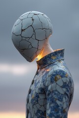 a humanoid figure in a cracked porcelain garment